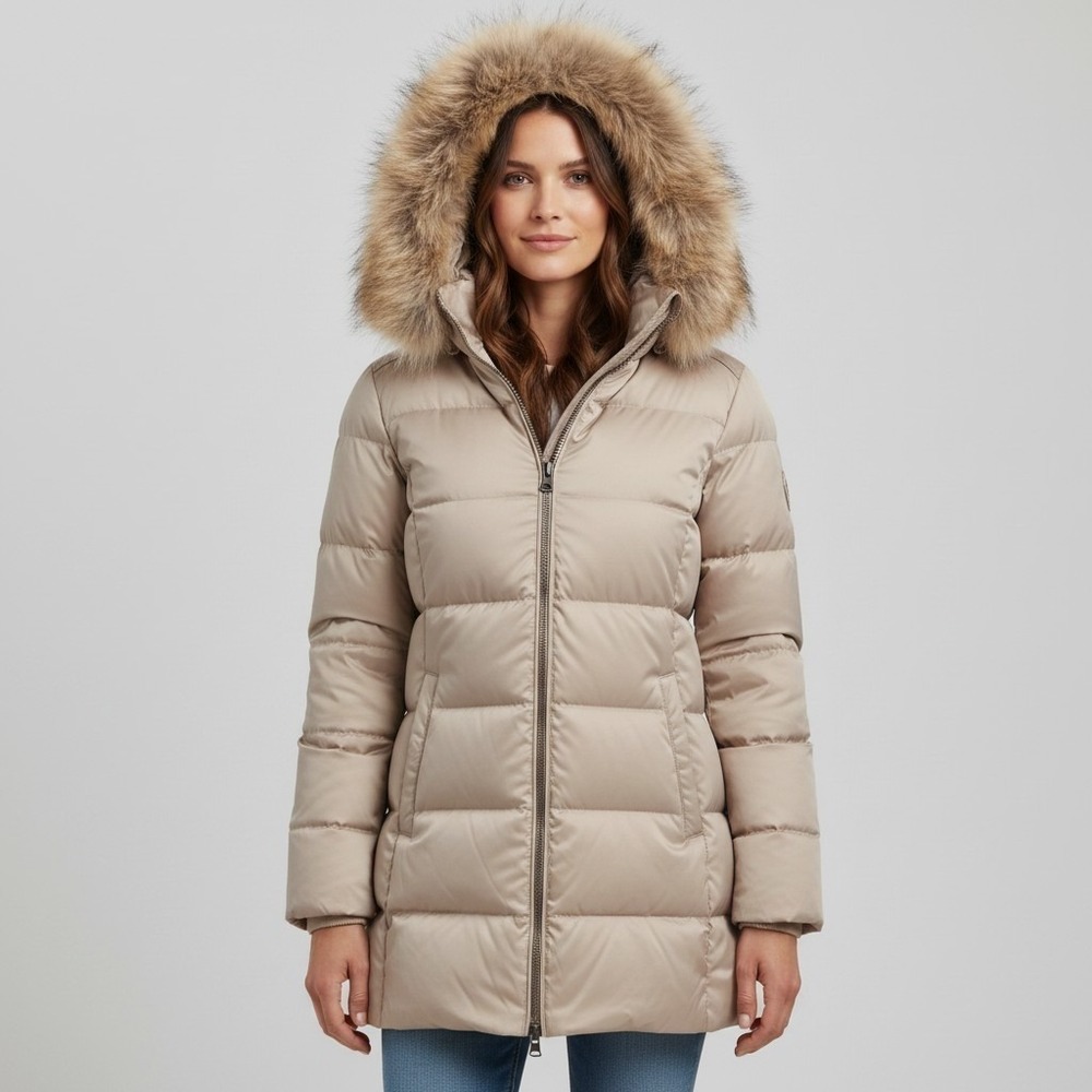 Coach Women Beige Quilted Puffer Jacket Fur Trim Hood Belted parka XS RTL $598